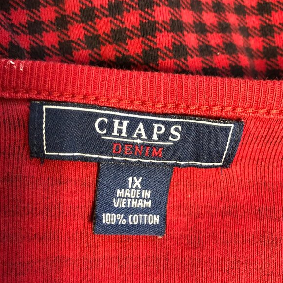 Chaps Womens Top Sz 1X Red Black Houndstooth Long Sleeve Ruffled V-Neck Pullover - Picture 5 of 8